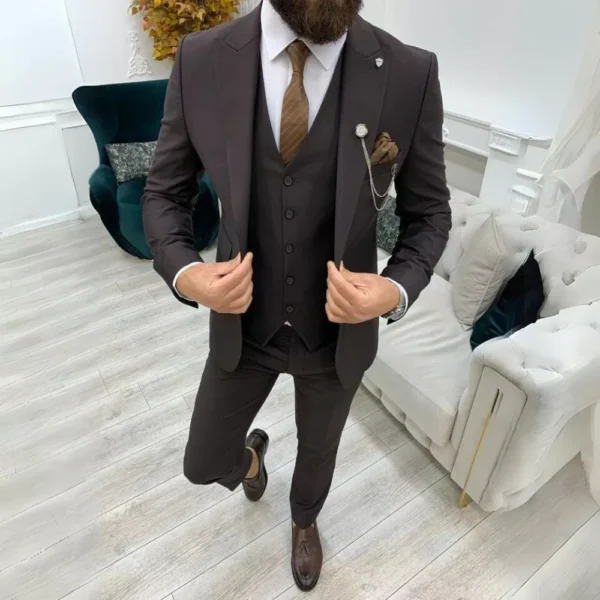 Mens Three Piece Brown Tuxedo Two Button Wedding Suit - Image 6