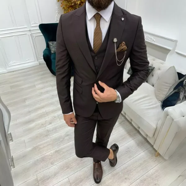 Mens Three Piece Brown Tuxedo Two Button Wedding Suit - Image 5