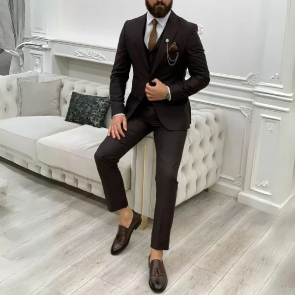 Mens Three Piece Brown Tuxedo Two Button Wedding Suit - Image 2