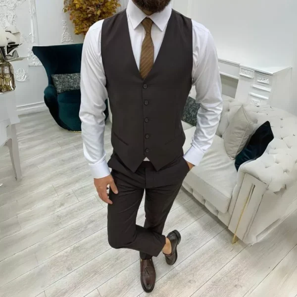 Mens Three Piece Brown Tuxedo Two Button Wedding Suit - Image 4