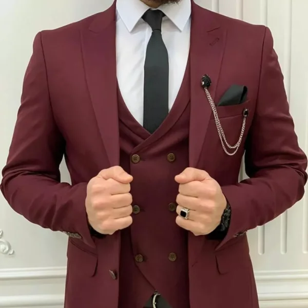 Men’s Burgundy 3 Piece Formal Wedding Suit - Image 5