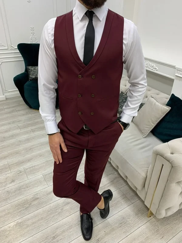 Men’s Burgundy 3 Piece Formal Wedding Suit - Image 4