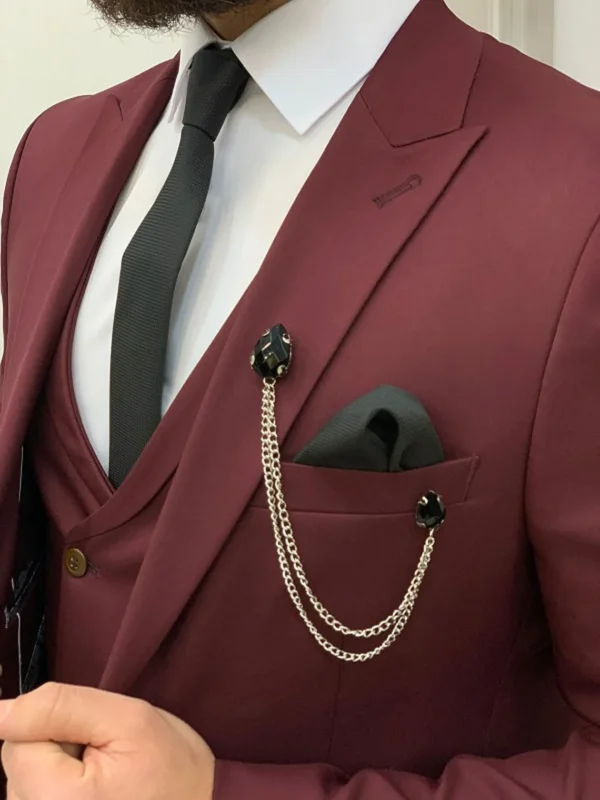 Men’s Burgundy 3 Piece Formal Wedding Suit - Image 3