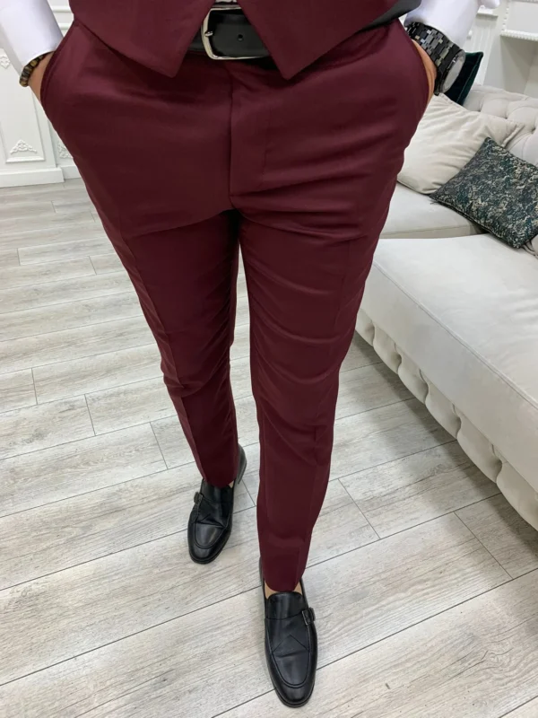 Men’s Burgundy 3 Piece Formal Wedding Suit - Image 2