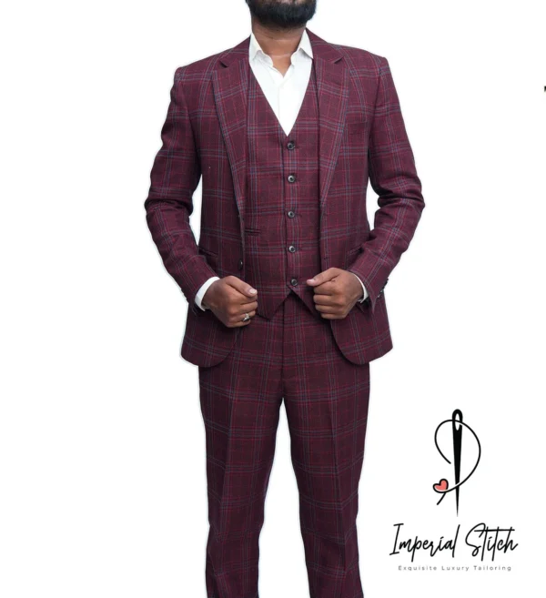 Handmade Best Quality tweed Fabric Burgundy Color Wedding Suit - Image 4