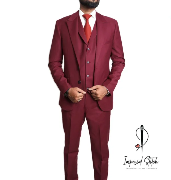 Slim Fit Designer Three Piece Red Wine Men's Suit - Image 3