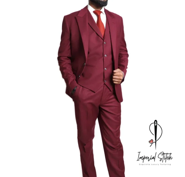 Slim Fit Designer Three Piece Red Wine Men's Suit - Image 5