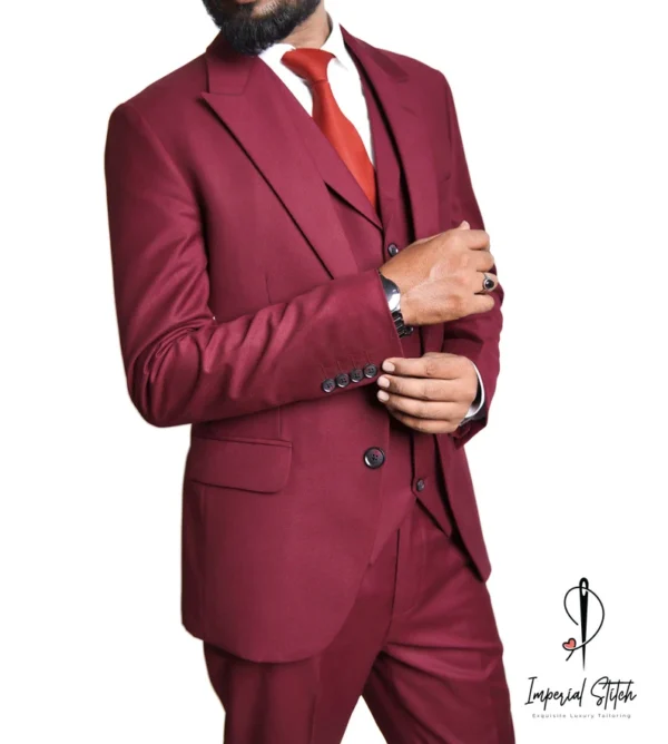 Slim Fit Designer Three Piece Red Wine Men's Suit