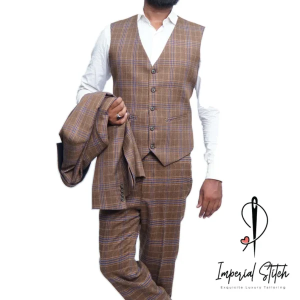 tweed Fabric Camel Brown Color Wedding Suit