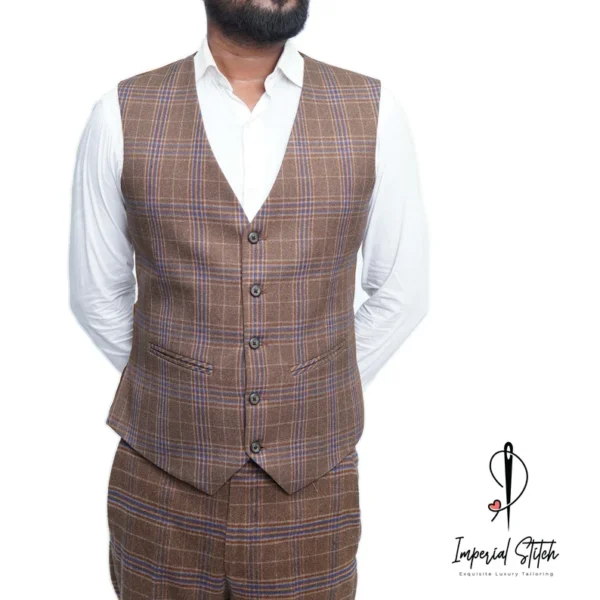 tweed Fabric Camel Brown Color Wedding Suit - Image 3