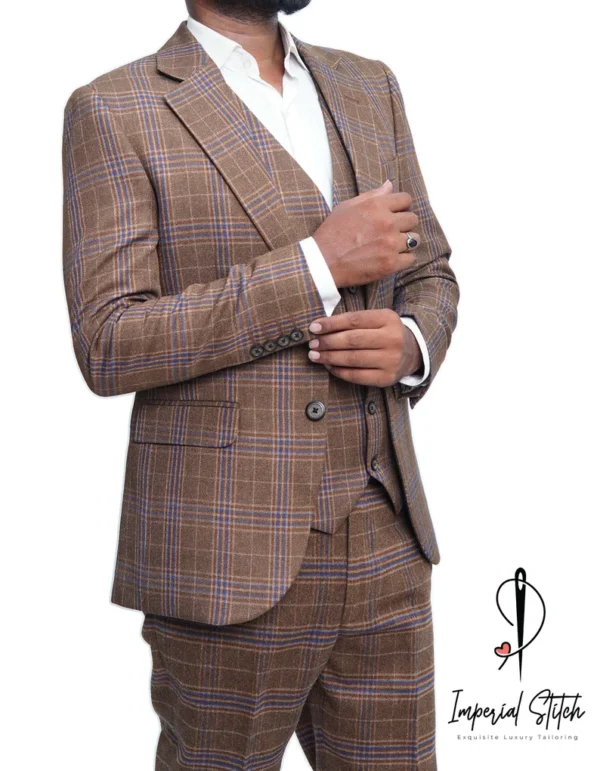 tweed Fabric Camel Brown Color Wedding Suit - Image 5