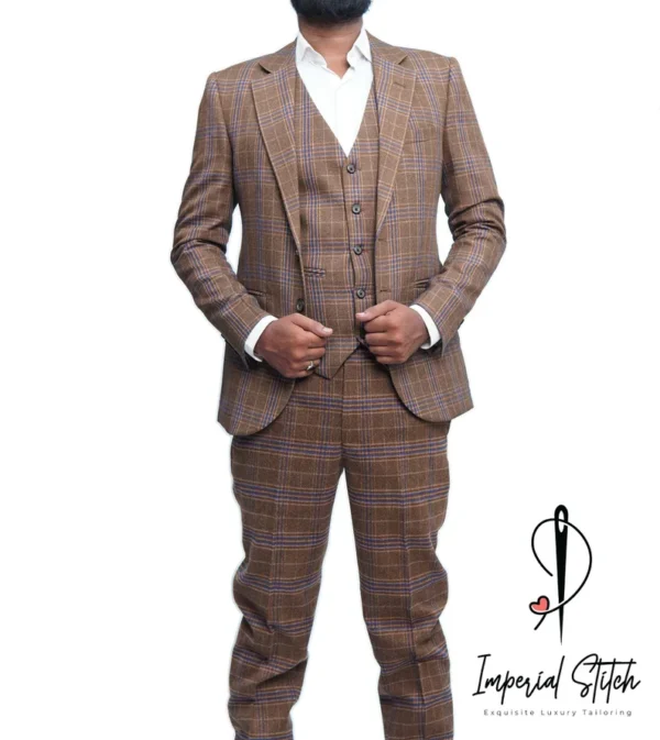 tweed Fabric Camel Brown Color Wedding Suit - Image 2