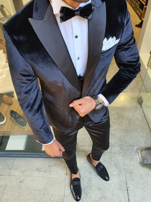 Classy velvet Three Piece blue Men's Suit for Wedding - Image 3