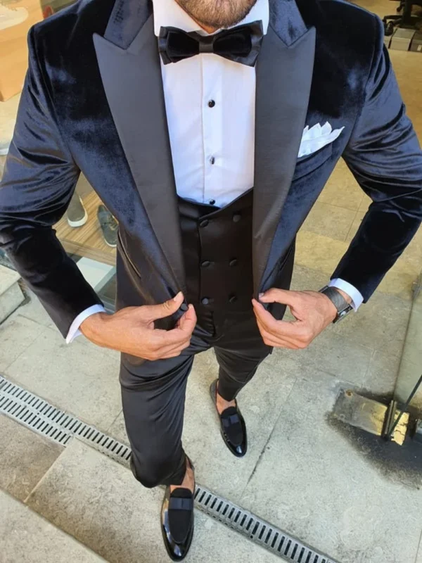 Classy velvet Three Piece blue Men's Suit for Wedding - Image 2