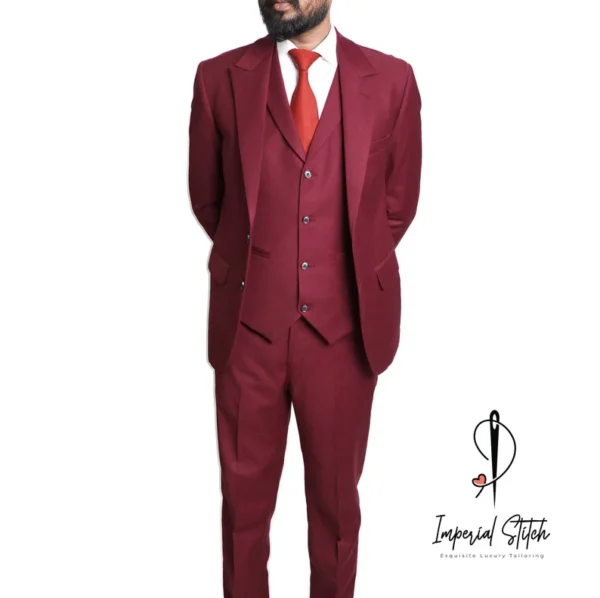 Slim Fit Designer Three Piece Red Wine Men's Suit - Image 4
