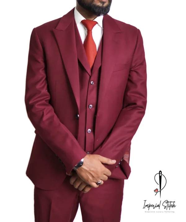 Slim Fit Designer Three Piece Red Wine Men's Suit - Image 7