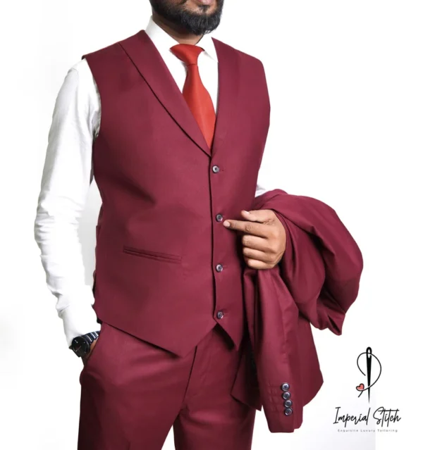 Slim Fit Designer Three Piece Red Wine Men's Suit - Image 8