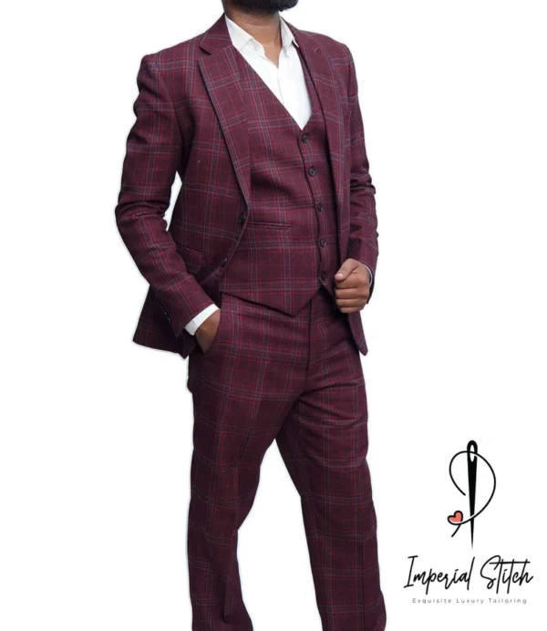 Handmade Best Quality tweed Fabric Burgundy Color Wedding Suit - Image 5