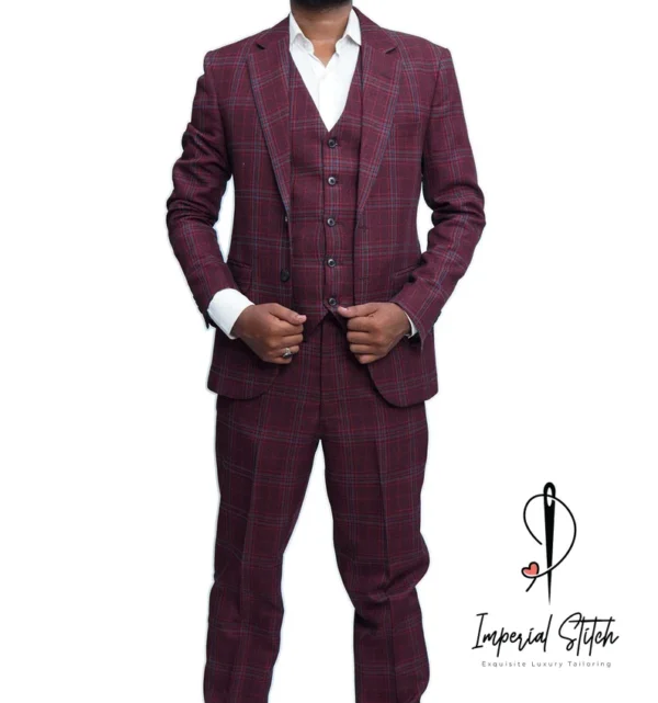 Handmade Best Quality tweed Fabric Burgundy Color Wedding Suit - Image 6