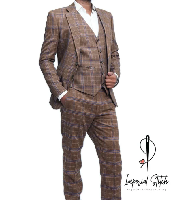 tweed Fabric Camel Brown Color Wedding Suit - Image 6