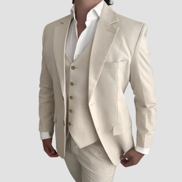 Three Piece Linen Cream Suit Mens - Image 2