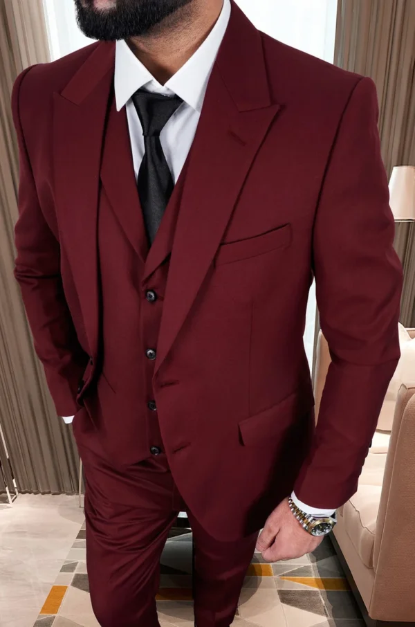 Burgundy Three Piece Suit For Men - Image 2