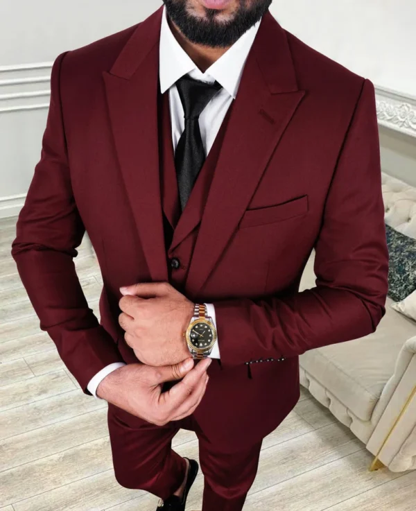 Burgundy Three Piece Suit For Men - Image 3