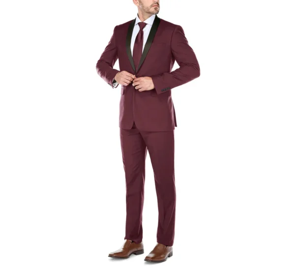 Men's Slim Fit 2-Piece Shawl Lapel Tuxedo Burgundy Suit - Image 5