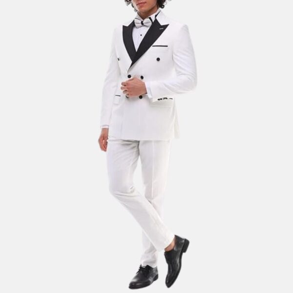 Double Breasted 2 Piece White Groom Tuxedo Suit - Image 4