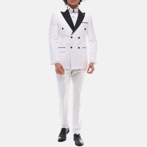 Double Breasted 2 Piece White Groom Tuxedo Suit - Image 5