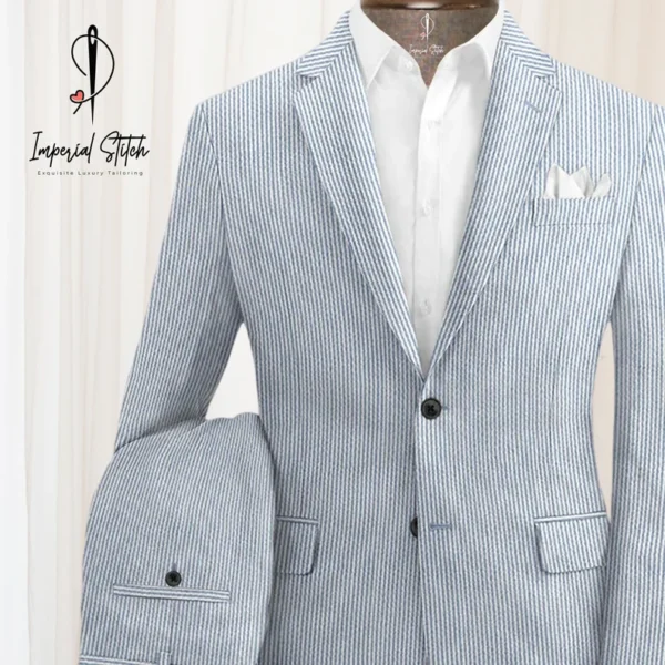 Blue Seersucker Suit Men's Traditional Three Piece - Image 3