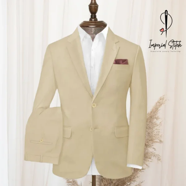Beige Feather Cotton Canvas Stretch Suit Men's - Image 5