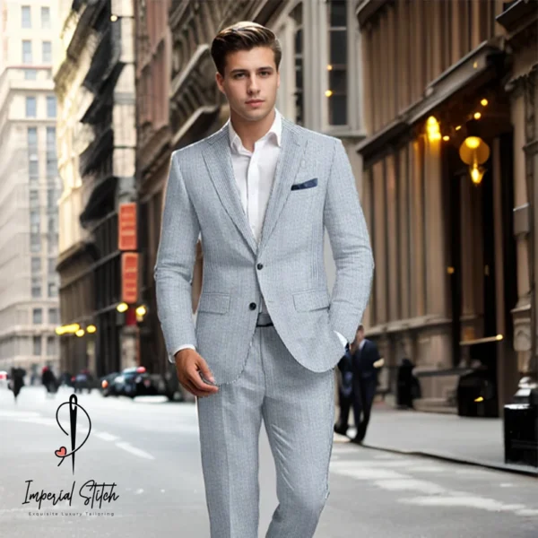 Blue Seersucker Suit Men's Traditional Three Piece