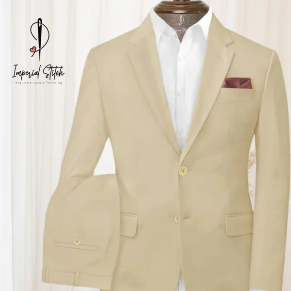 Beige Feather Cotton Canvas Stretch Suit Men's - Image 4