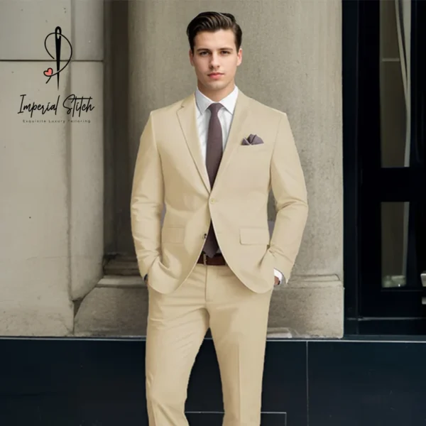 Beige Feather Cotton Canvas Stretch Suit Men's