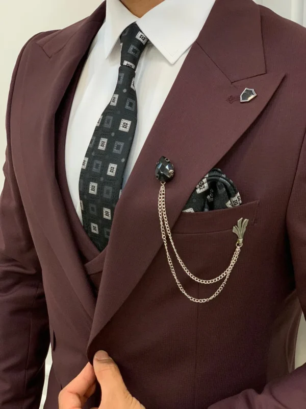Slim Fit 3 Piece Maroon Peak Lapel Suit Mens - Image 2