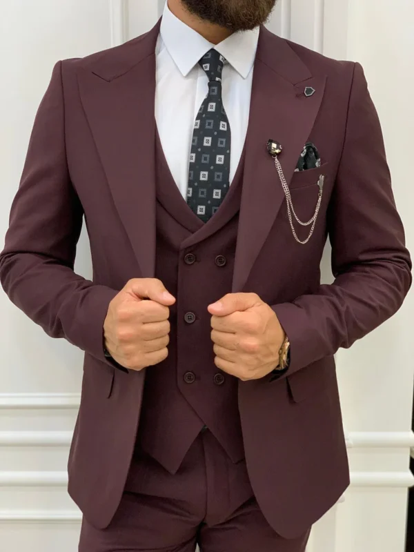 Slim Fit 3 Piece Maroon Peak Lapel Suit Mens - Image 4