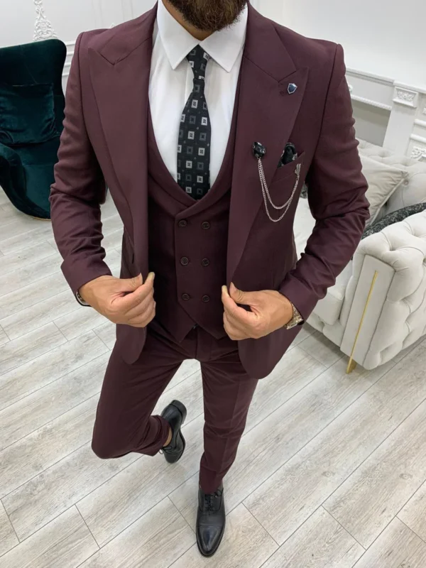 Slim Fit 3 Piece Maroon Peak Lapel Suit Mens