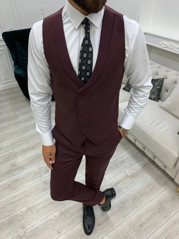 Slim Fit 3 Piece Maroon Peak Lapel Suit Mens - Image 3