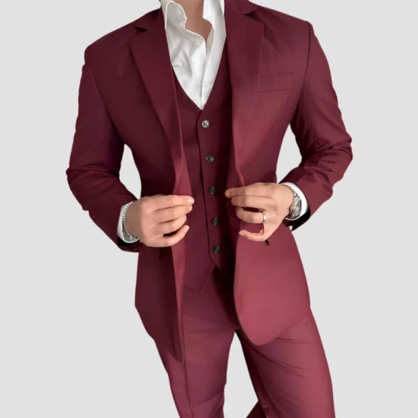 Classy Three Piece Burgundy Suit Wedding Men
