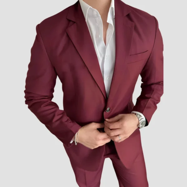 Classy Three Piece Burgundy Suit Wedding Men - Image 2